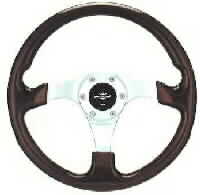 PERSONAL TORNADO 100W MAHOGANY WOOD/SPOKES & RING IN POLISHED ALUMINIUM  350 mm