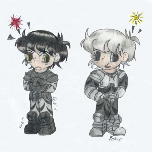 My buddy Lady Cye's fanart of SD Humans Kokuen-Oh and Byakuen in their under-armors! Isn't this awesome or what?!