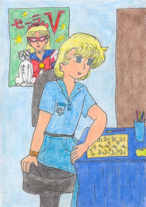 Akashi Honto writing in his room