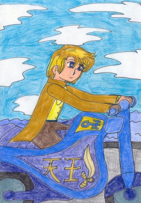 Kinpatsu Ten'ou riding his motocycle.