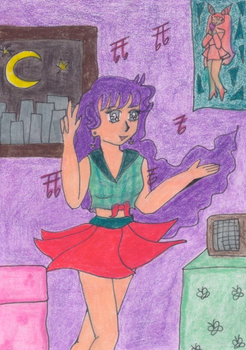 Megu Gingekko dancing in her room.