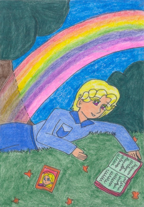Niji writing by a rainbow.