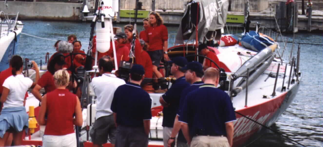 (Rare glimpse of women sailors, moment before departure of 6th legs at Bayside Miami, April 14th, 2002)Picture taken by Noe Dorestant... Give credit where 
credit is due.