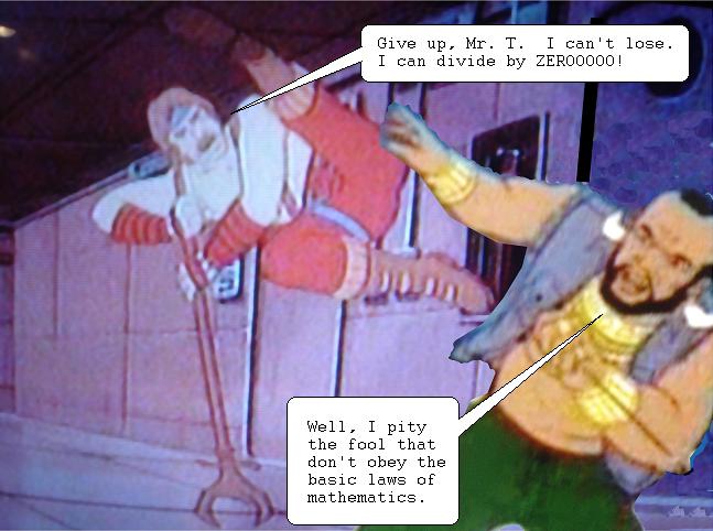 chuck norris announces his mathematical abilities, which Mr. T categorically rejects.