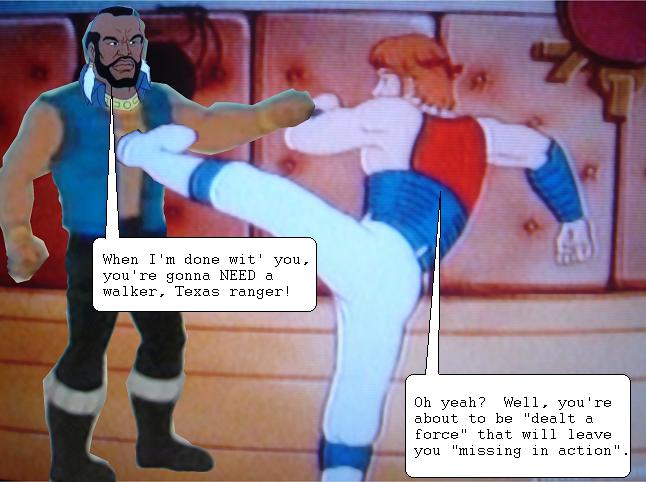 Mr. T and Chuck Norris exchange puns, culminating in the worst line ever written by humankind.