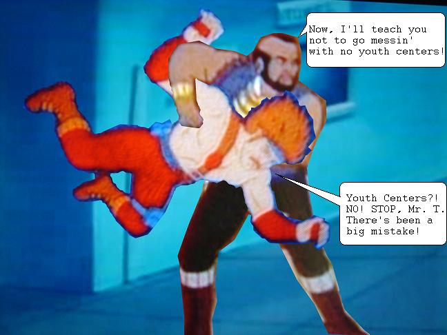 Just as Mr. T is about to toss Chuck Norris, a last minute revelation stays his hand.