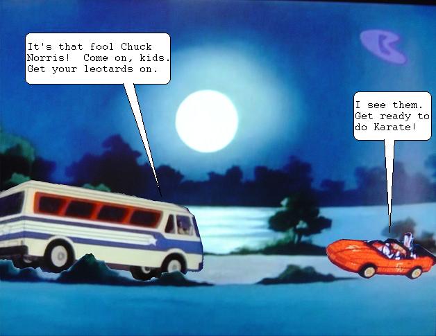 The two groups meet under a full moon on a deserted road.
