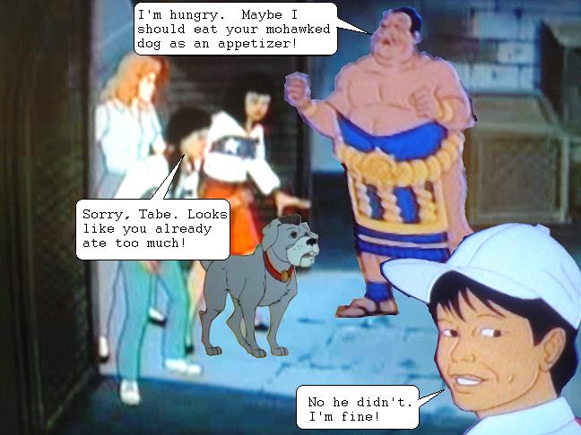 Tabe and the girls face off.  They make light of his weight - that's no fair!