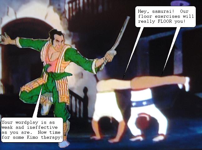 Two gymnasts plus one samurai equals lots of hilarity.