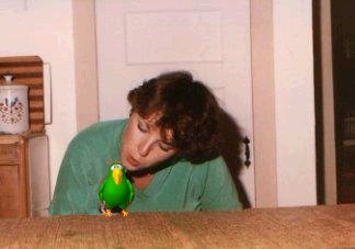 photo of woman kissing parrot