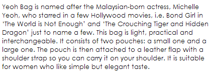 Fact about Yeoh Bag