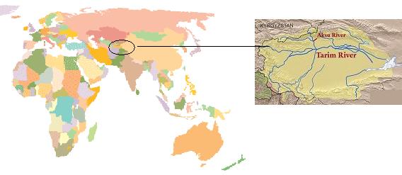 Map showing location of Tarim Bain Mummies