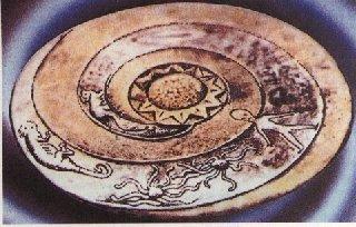 Lolladoff plate from Nepal, shows a hovering disk-shaped object in the center and a small humanoid  beside it