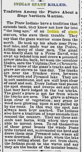 News Clipping referring to ancient Giants of Piute Legend