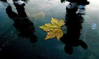 Chinese children are reflected on a puddle as they enjoy autumn weather in Shanghai October 30, 2004. Weather in China's business capital is forecasted to be cloudy for the next few days.  Picture taken October 30, 2004.  NO ARCHIVES, CHINA OUT    REUTERS/Stringer