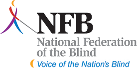 "The NFB icon, nicknamed WHOZIT, is a dynamic abstract figure suggesting a confident blind person walking with a cane. The figure's head is a yellow-orange crescent-shape, his right arm is red and holds his light gray cane, his left shoulder and right leg are violet in color, and his left leg is light blue."
