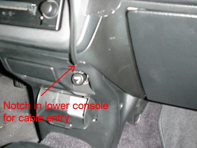 Photo: Cable going in through notch in lower console, Honda Civic (92 93 94 95)