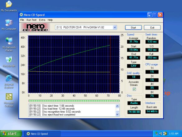 Nero CD Speed Test results for the PX-W2410A.