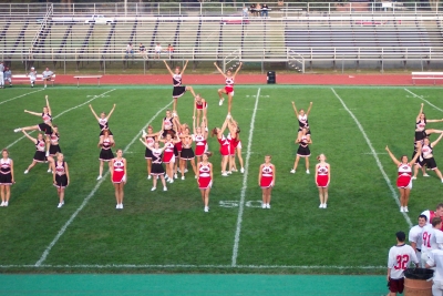 End stunt for our kick off routine.&nbsp; I clicked a little late so part of the stunts were beginning to come down! Sorry!