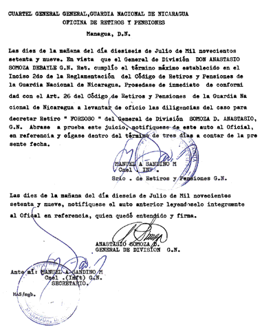Carta retiro de Somoza