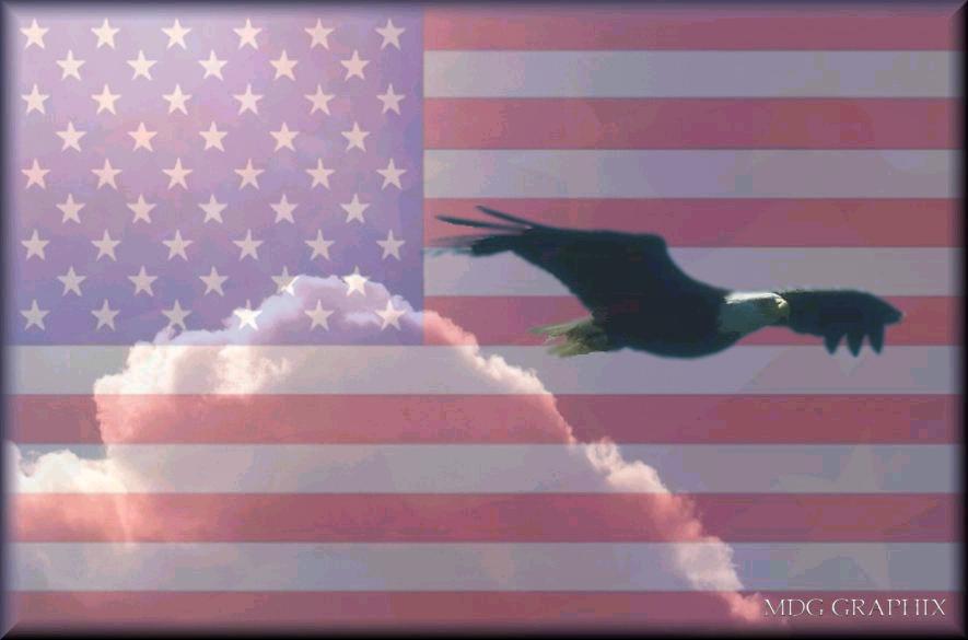 An eagle soars in the clouds with Old Glory blended in 