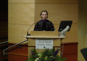 Photo of the graduation speaker, Governor Chris Gregoire at Graduation on June 9, 2006.  Photo by Nick Peyton.