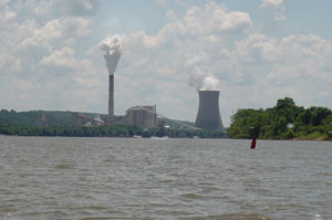 A photo of a coal plant and a nuclear plant on the Ohio River on July 23, 2006.  Are you sure this river is safe to swim in? Photo by Nick Peyton.