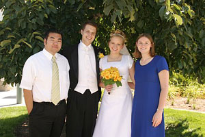 Photo of myself, Brian, Traci and Traci's maid of honor Anna on August 20, 2005 at the Mount Timpanogos Temple in American Fork, UT.  Photo courtesy of Brian Brown.