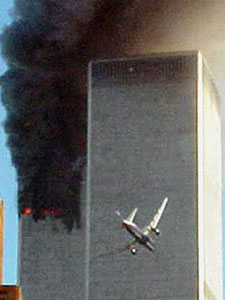 Photo of the plane striking the second tower in New York, NY on September 11, 2001. Photo by Cameron Taylor. Photo courtesy of the Associated Press.