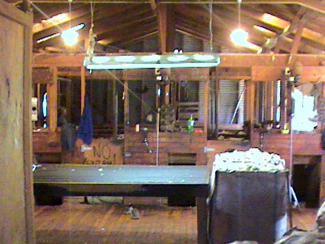 Au fond les pens, au milieu la ligne de tonte, en avt plan, la table du woolclasser