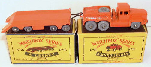 Between 1953 and 1982, Lesney manufactured Matchbox toys (so called because the models were designed to fit into a box the size of a matchbox). They were produced at their various factories in London until heavy losses in a downturned economic climate forced the company to sell out to Universal Toys. Matchbox models can be divided into two distinct eras, 1953 to 1969 regular wheels and 1969 to 1982 superfast wheels. Up to 1969 the emphasise was on realistic, robust models that would take a childs heavy punishment. The axles were thick and durable and the wheels were slow and did not freewheel. These are classed as regular wheels and they came predominantly in metal or grey, silver and black plastic (there are also some separate hub and tyre combinations). Mattel Hotwheels came along and changed the market. They produced fast moving, thin axled, custom painted racers which turned the market on its head (Lesney export sales dropped by 80% in a few months). To challenge this threat, Lesney quickly brought out superfast wheeled models with thin axles and fast running wheels as a response to Hotwheels in order to try and regain their market share. The first attempts were converted regular wheeled models usually with a change of body colour. Later the models became more garish and less realistic. All Matchbox models over Lesneys 30 year history of making them are built to the highest standard. Indeed, their castings are the finest produced for a mass market toy, unequalled today. This, in my view, is the main reason for their collectibility and popularity.