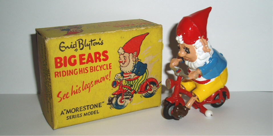 Rarity 5. Morestone large Big Ears on his bike. 1957-58. Extremely hard to find in mint condition, with his moveable legs that turn when the bike moves.