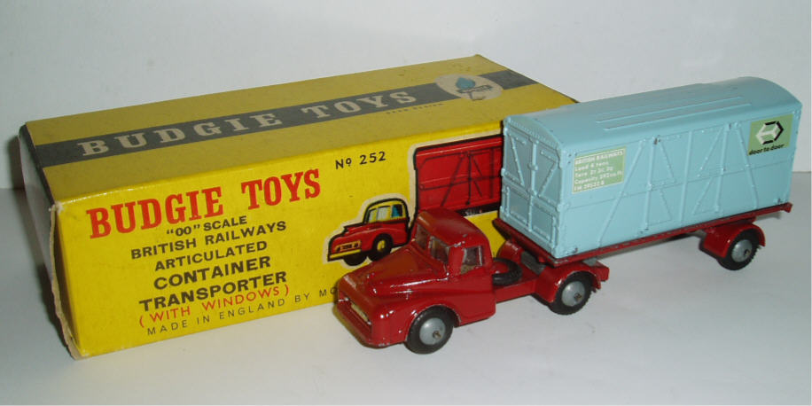 Rarity 4. Budgie 252 Austin Articulated Container Lorry. 1964. This is the very rare second version with a light blue container and all crimson cab. Very hard to find.