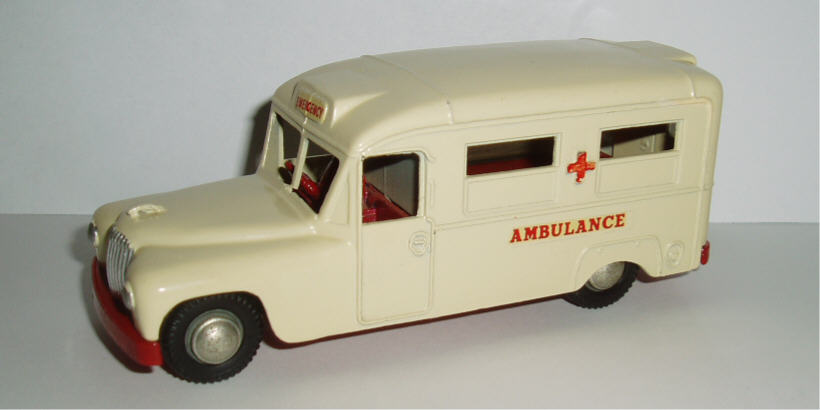Rarity 2. 258 Daimler Ambulance. 1961-63. Reissue of earlier Morestone model. The main differences are the red driver and base, Ambulance transfers and the base lettering.