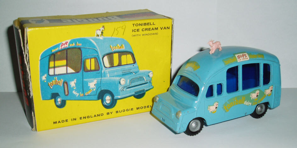 Rarity 5. 290 Bedford 'Tonibell' Ice cream van. 1963-64. This van is hard to find complete with transfers and plastic cow intact. This is a rarer variation with dark blue glass instead of the normal colourless. Notice theextra cow decal on the rear - the same as the box. 