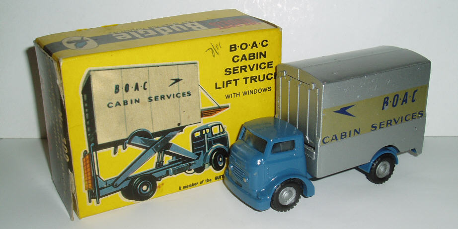 Rarity 2. 302 Commer cabin service lift truck. 1963-66.  Wierd and wonderfully eccentric toy with the box sitting on a working scissor lift and opening doors at either end. Difficult to find with the doors intact.