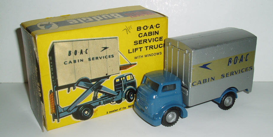 Rarity 2. 302 Commer cabin service lift truck. 1963-66.&nbsp; Wierd and wonderfully eccentric toy with the box sitting on a working scissor lift and opening doors at either end. Difficult to find with the doors intact.