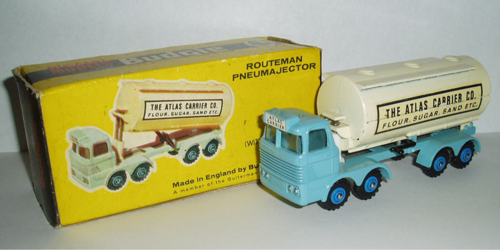 Rarity 5. 322 Scammell Routeman Pneumajector Bulk Transporter. 1965-66. This model is one of the rarest of all Budgies, hardly ever seen. It has a hydraulic lift, please click on the photo to see the cylinder body raised. The box is probably even rarer.