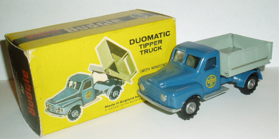 Rarity 5. Budgie 324 Commer Douglas Prospector Duomatic tipper. 1965-66. This unusual model has a tipper that tips sideways or backwards. The mechanism is relatively complicated and has two handles to operate it. One of the rarest Budgies due to its very short production run.