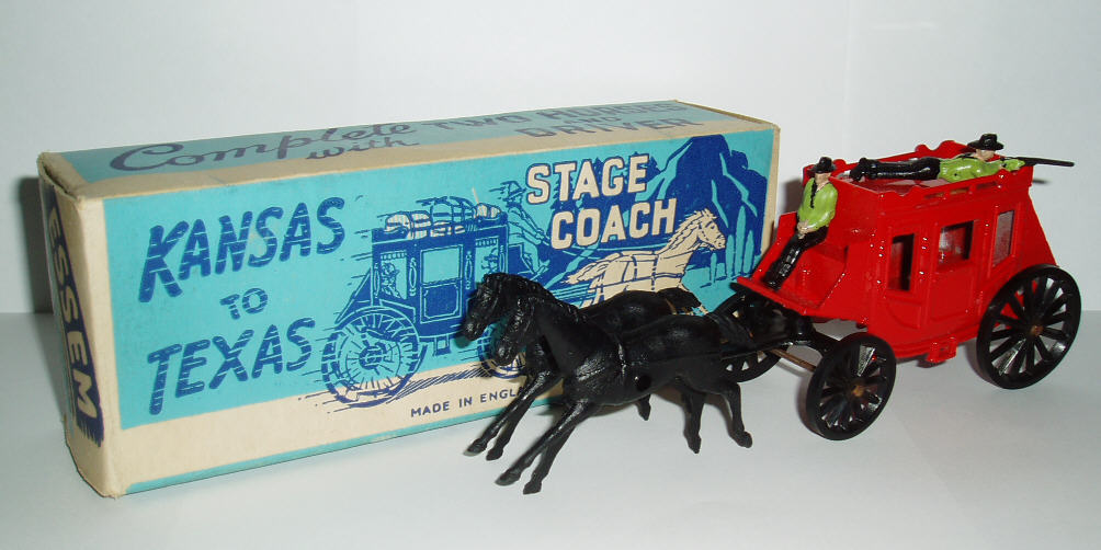 Rarity 4. Essem Coach and Horses. 1952-58. This model was the first Morestone to feature plastic parts - the wheels, horses, connecting pole and men. Essem was a Morestone pseudonym (in my view SM - Sam Morris, founder of Morestone). 