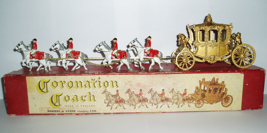 Rarity 4. Lesney Large Coronation Coach. 1953. What makes this very unusual is the Morris and Stone sticker that has been overapplied to the original Lesney Products original description. Morestone may have imported this model on Lesney's behalf, but why pass the model off as their own?