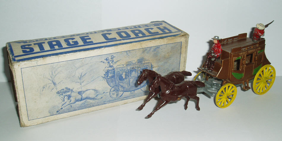 Rarity 5. Morestone Coach and Horses. This 1949 model was made by FW Birch on behalf of Morestone. It has an unusual eccentric wheel mechanism that makes the horses gallop.