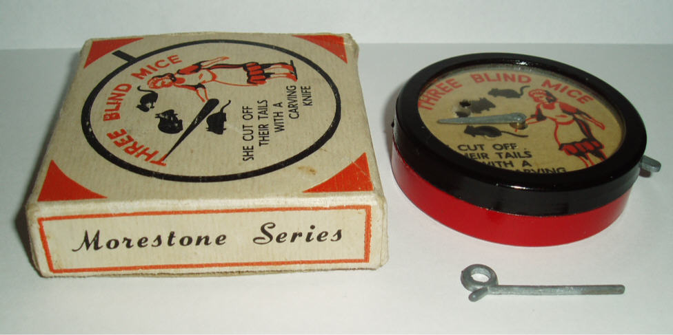 Rarity 5. Morestone Three blind mice magic trick. 1955-56? This very effective trick slices through the metal tail - without damaging it! This very rare item was previously unlisted in articles and books published on Morestone. It doesn't appear in contemporary Morestone inventories or publishings at the time. It is undoubtedly genuine and very rare.
