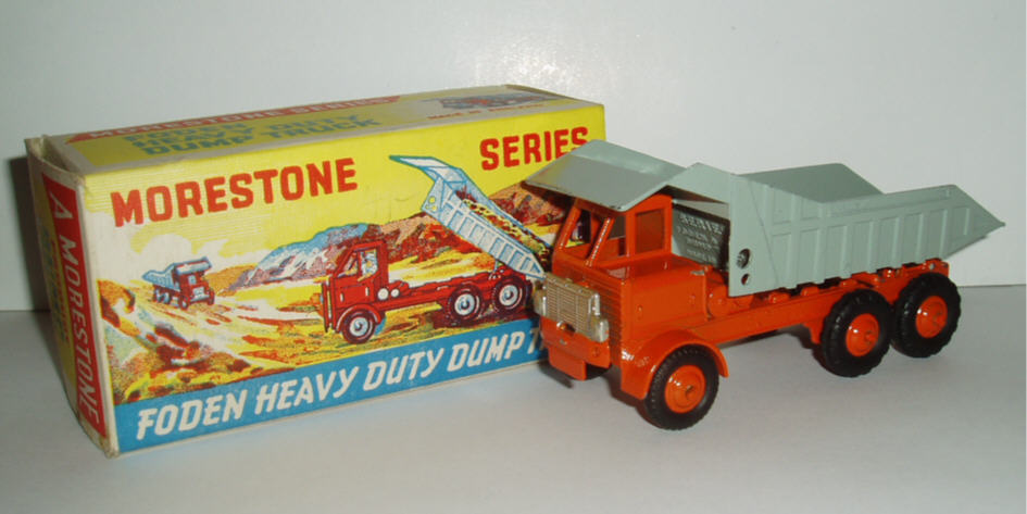 Rarity 4. Morestone Foden Heavy Dump Truck. 1958. This model was rebadged and boxed as Budgie 226 in 1959 so the box is extremely hard to find. This first version has smooth inner skin to the tipper. Later strengthening lats were added, similar to the outer skin.