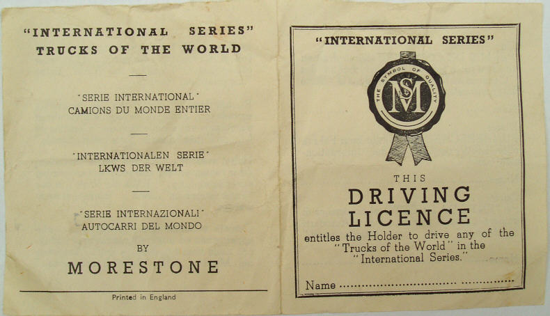 Morestone driving licence. This was included within the boxes of the 'Trucks of the world International' series.
