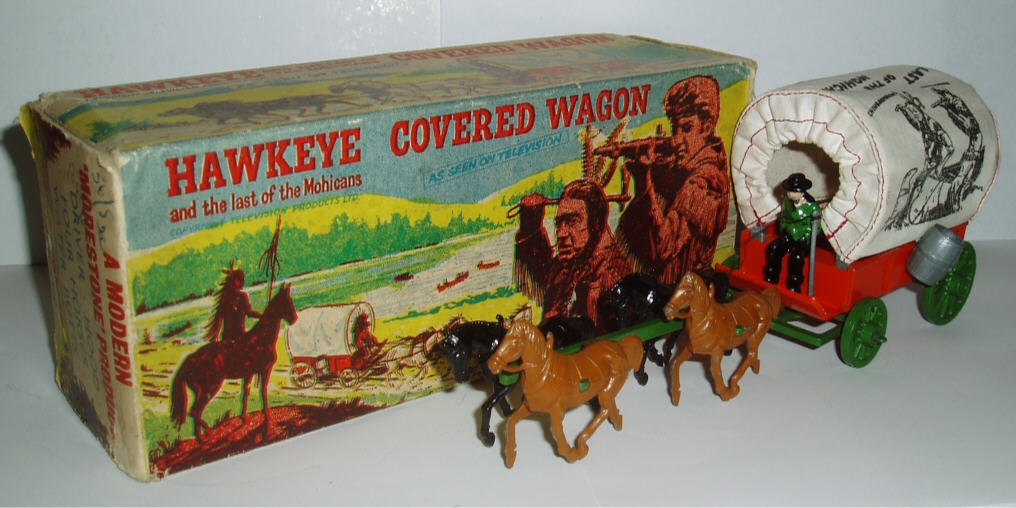 Rarity 5. Morestone Horse drawn Covered Wagon. 1957-58. Rare version linked to the popular American TV series Last of the Mohicans. Images of Hawkeye and Chingachgook are printed on the canopy. Very hard to find the colourful box.