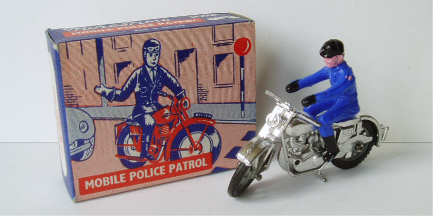 Rarity 2. Morestone Solo Motorcycle with Police rider. 1958-63. This model started as a Morestone but was then converted to Budgie 456. This new code is imprinted on the side of the box. The fact that it states a member of the Guiterman group dates it to 1961 or later.