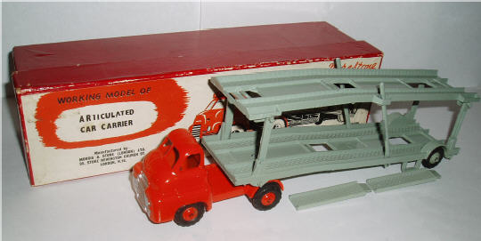 Rarity 5. Morestone Bedford Articulated Car Transporter. 1956-57. This very rare vehicle was only produced in limited numbers and is very hard to find with its original box. The top deck lowers for added play value (click on the picture to find out). It also comes with detachable ramps which fit on both decks. These can be stowed away in a rack adjacent to the rear wheels. This model even comes with its original tissue paper.The moving ramp was introduced before Corgi and Dinky produced their moving deck transporters. Pioneering stuff!