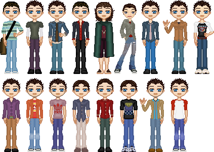 Various dolls, all of Elijah Wood.  Some are of the characters that he has played.  In order they are: Casey Connor from The Faculty, YM Magazine, normal, Cannes w/ LotR, Frodo from Lord of the Rings, normal, normal, normal, normal, normal, normal, normal, Leo Biederman from Deep Impact, some hotel person in Black and White I think, Sandy in Flipper, magazine, and normal.