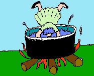 Little girl falling into huge pot of dye that sits over bonfire